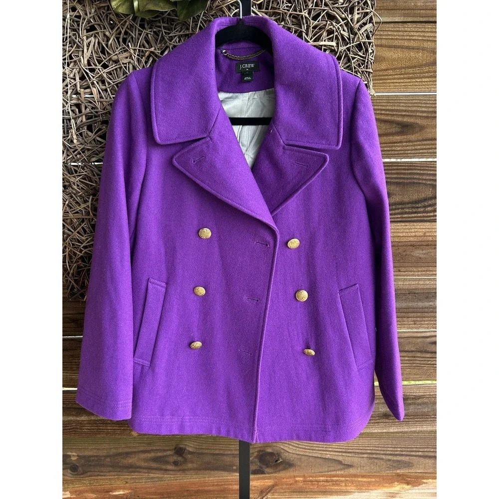 J.Crew Purple Wool Blend Double Breasted Pea Coat with gold buttons Size 10 - Picture 3 of 7